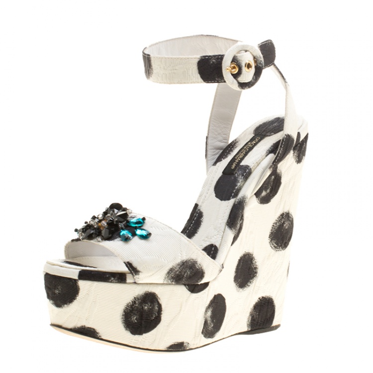 Pre Owned Dolce and Gabbana Polka Dot Canvas Bianca Crystal Embellished Wedge Sandals Size 37.5