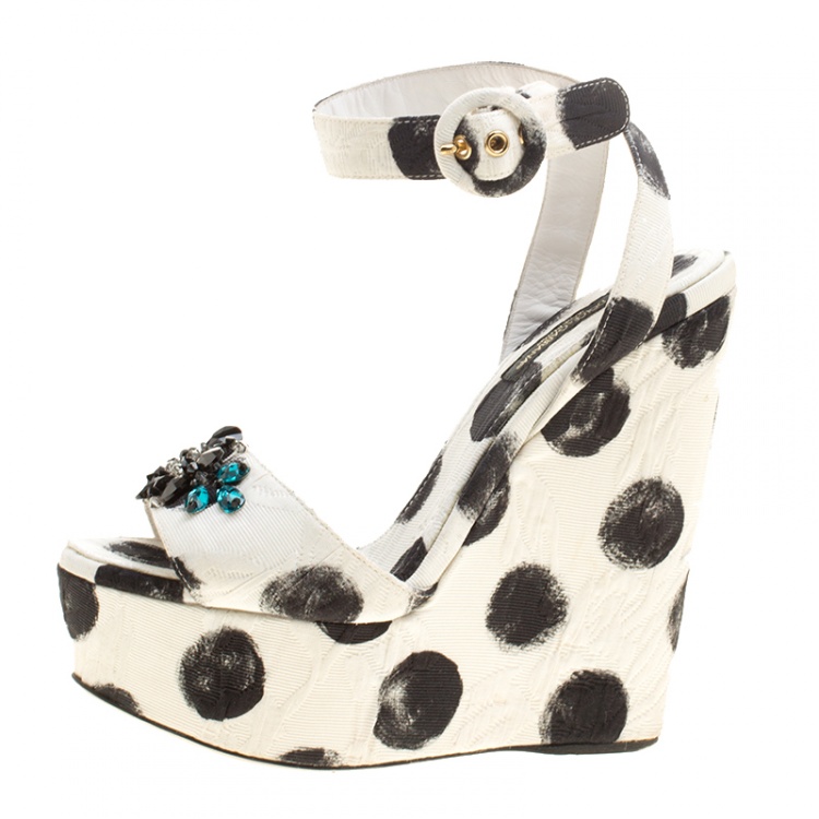 Pre Owned Dolce and Gabbana Polka Dot Canvas Bianca Crystal Embellished Wedge Sandals Size 37.5