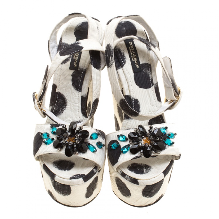 Pre Owned Dolce and Gabbana Polka Dot Canvas Bianca Crystal Embellished Wedge Sandals Size 37.5