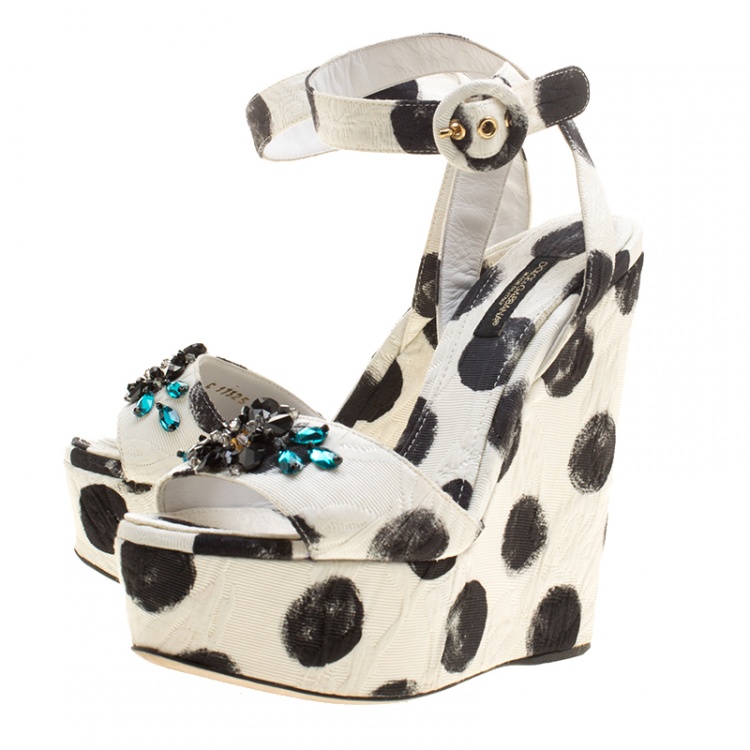 Pre Owned Dolce and Gabbana Polka Dot Canvas Bianca Crystal Embellished Wedge Sandals Size 37.5