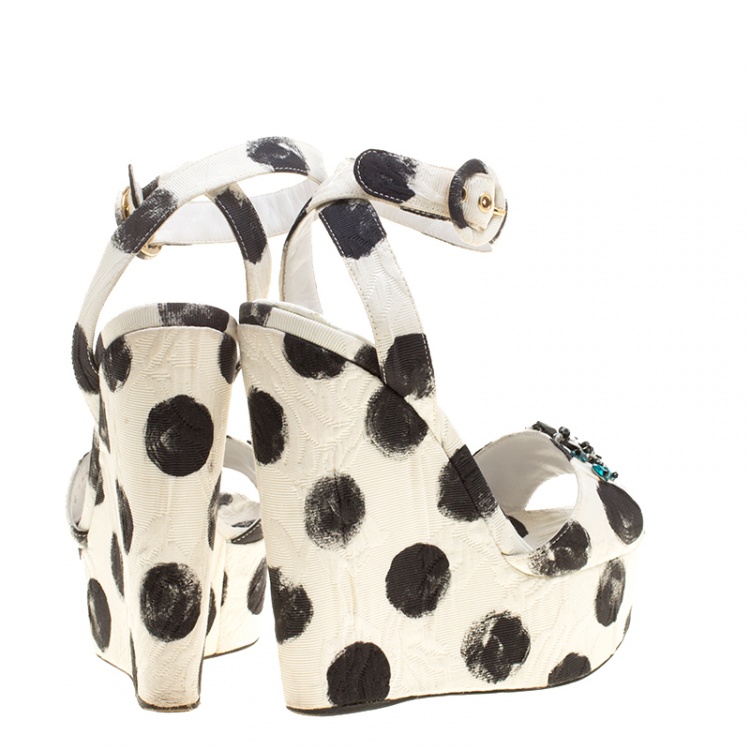 Pre Owned Dolce and Gabbana Polka Dot Canvas Bianca Crystal Embellished Wedge Sandals Size 37.5