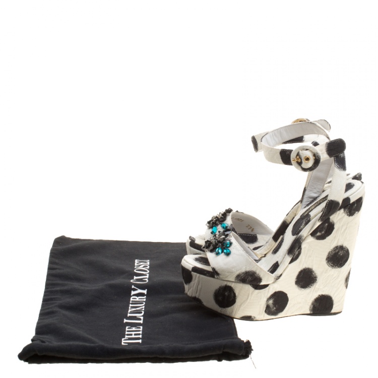 Pre Owned Dolce and Gabbana Polka Dot Canvas Bianca Crystal Embellished Wedge Sandals Size 37.5