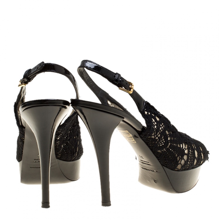 Pre Owned Dolce and Gabbana Black Lace Peep Toe Platform Slingback Sandals Size 38
