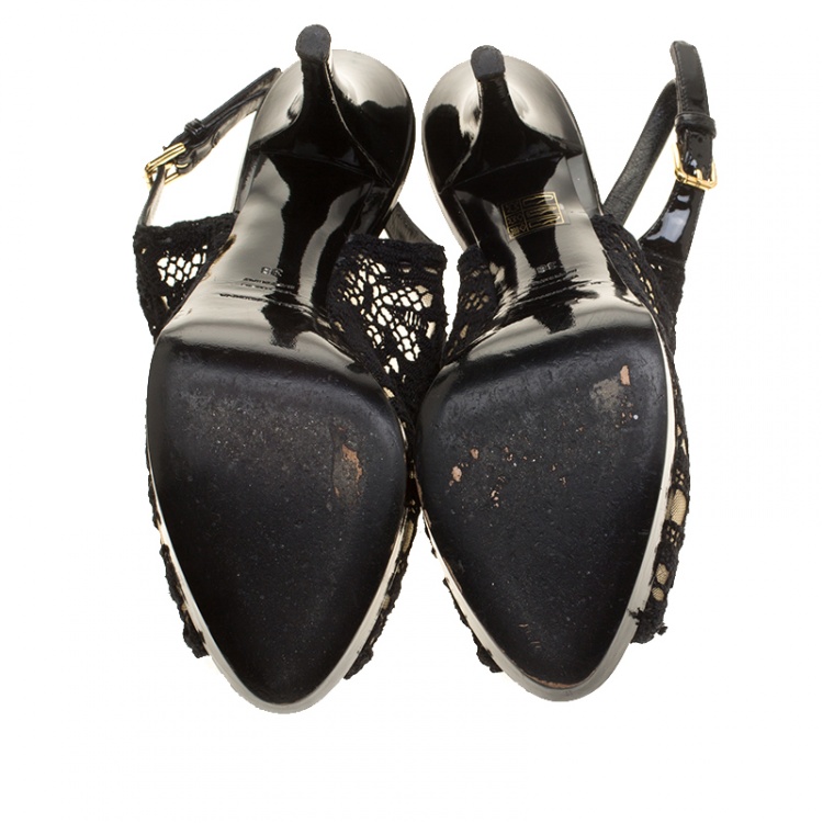 Pre Owned Dolce and Gabbana Black Lace Peep Toe Platform Slingback Sandals Size 38