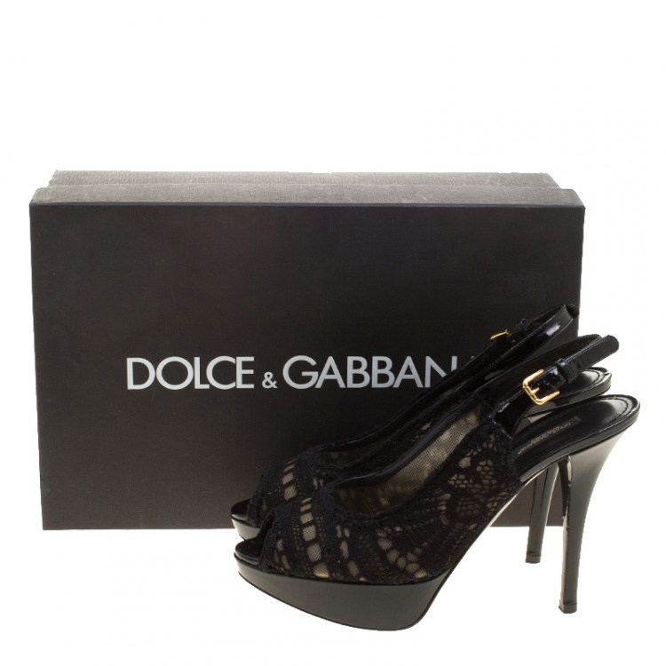 Pre Owned Dolce and Gabbana Black Lace Peep Toe Platform Slingback Sandals Size 38