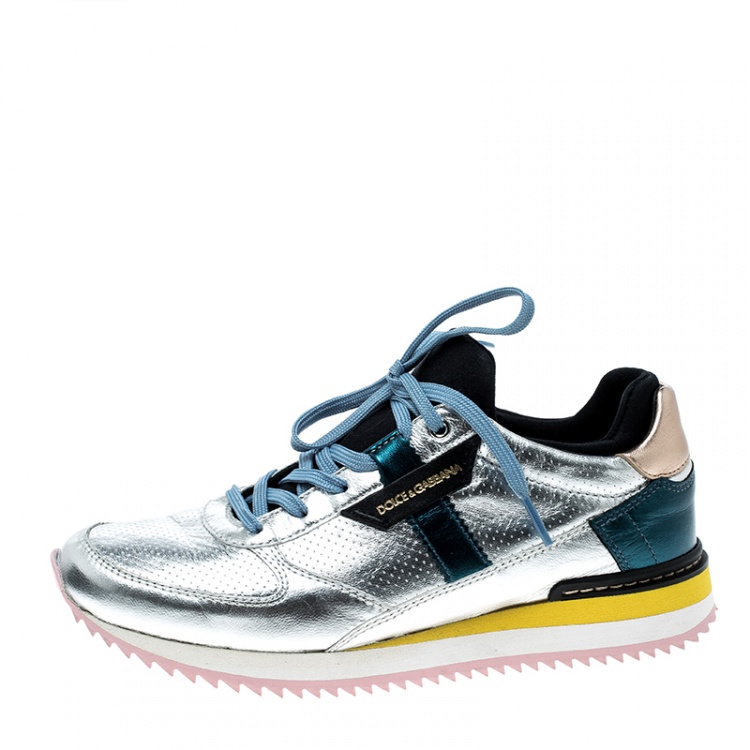 Pre Owned Dolce and Gabbana Metallic Silver Leather Sneakers Size 36