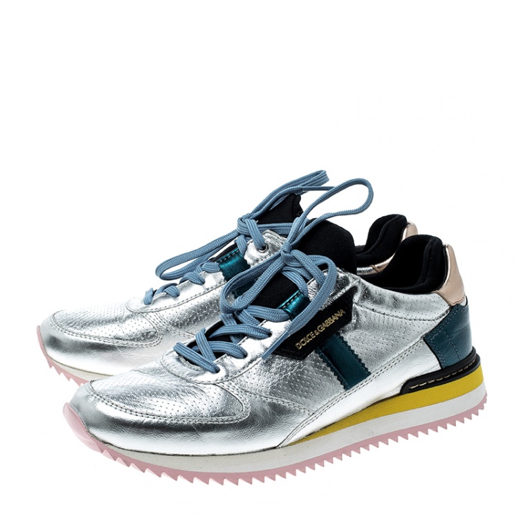Pre Owned Dolce and Gabbana Metallic Silver Leather Sneakers Size 36