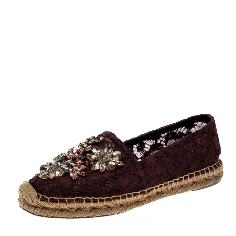 Pre Owned Dolce and Gabbana Burgundy Lace Crystal Embellished Espadrilles Size 36