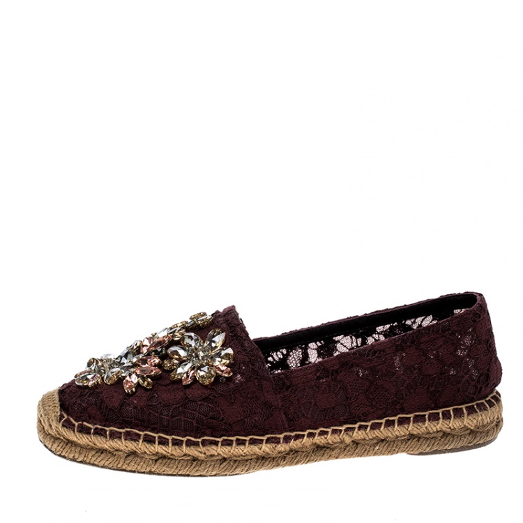 Pre Owned Dolce and Gabbana Burgundy Lace Crystal Embellished Espadrilles Size 36