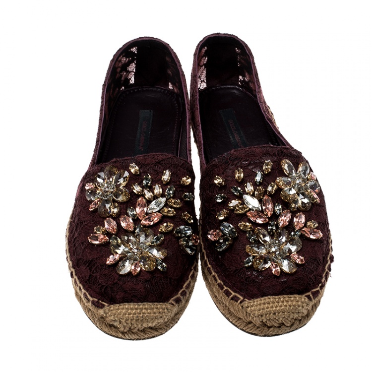Pre Owned Dolce and Gabbana Burgundy Lace Crystal Embellished Espadrilles Size 36