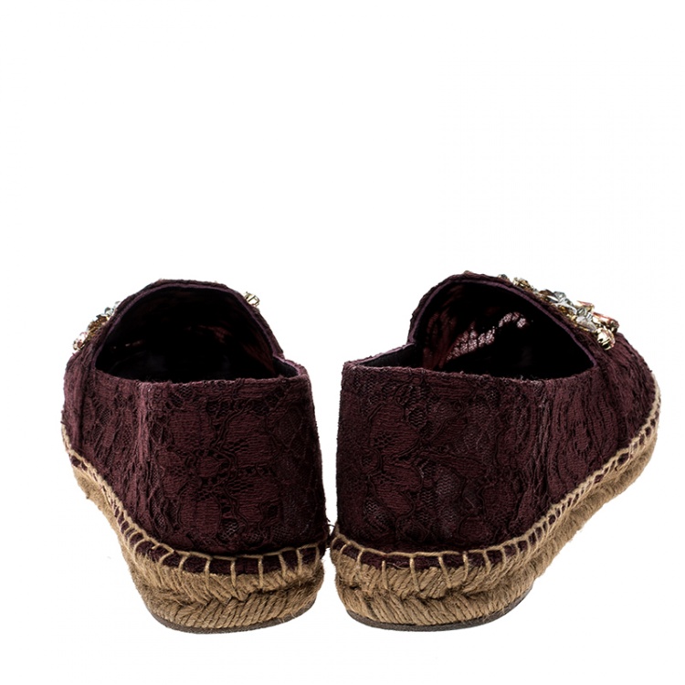 Pre Owned Dolce and Gabbana Burgundy Lace Crystal Embellished Espadrilles Size 36