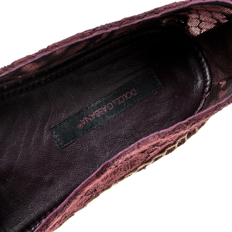 Pre Owned Dolce and Gabbana Burgundy Lace Crystal Embellished Espadrilles Size 36