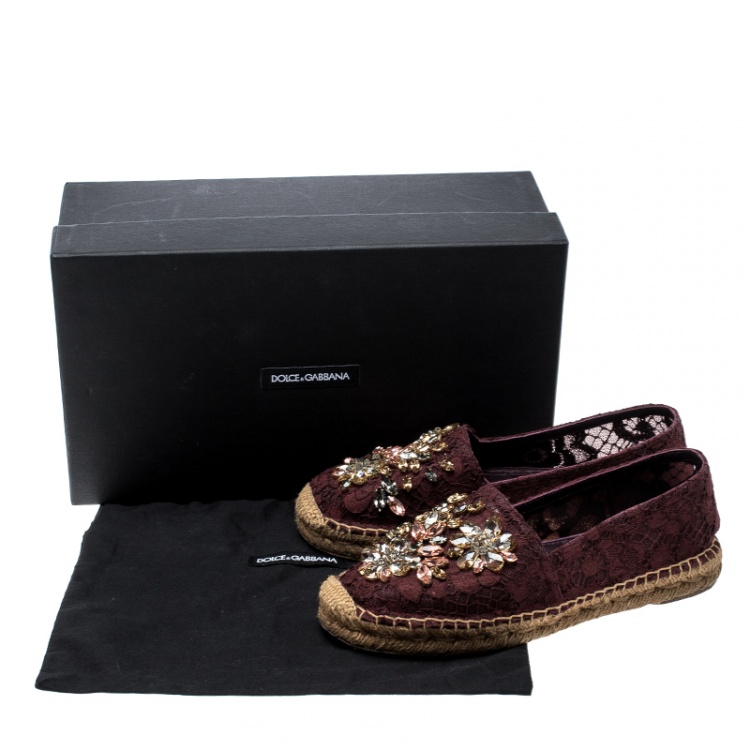 Pre Owned Dolce and Gabbana Burgundy Lace Crystal Embellished Espadrilles Size 36