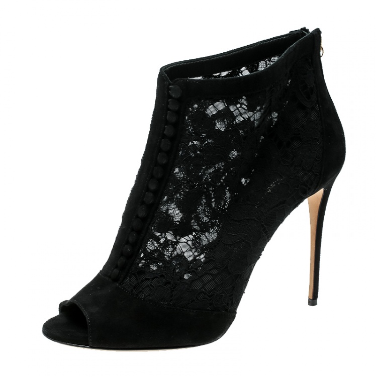 Pre Owned Dolce and Gabbana Black Lace Peep Toe Ankle Booties Size 38