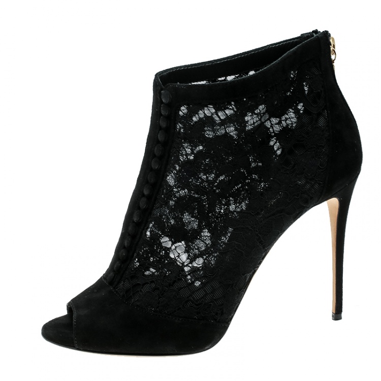 Pre Owned Dolce and Gabbana Black Lace Peep Toe Ankle Booties Size 38