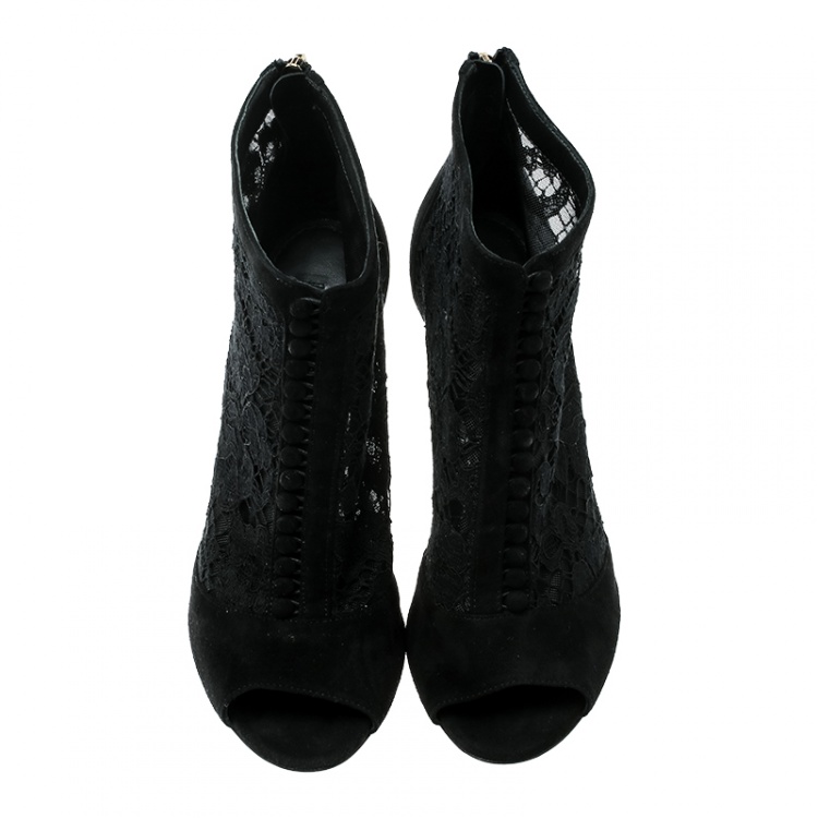 Pre Owned Dolce and Gabbana Black Lace Peep Toe Ankle Booties Size 38