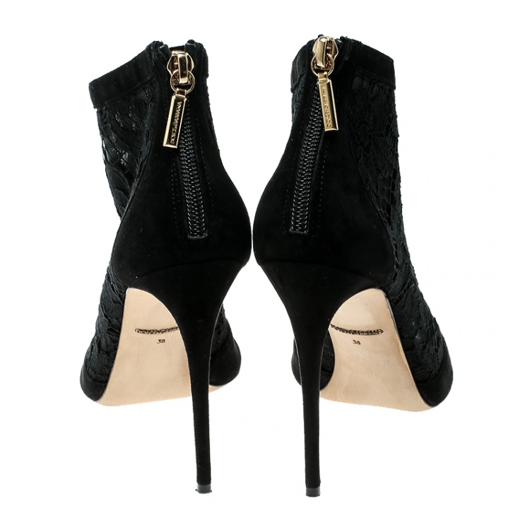 Pre Owned Dolce and Gabbana Black Lace Peep Toe Ankle Booties Size 38