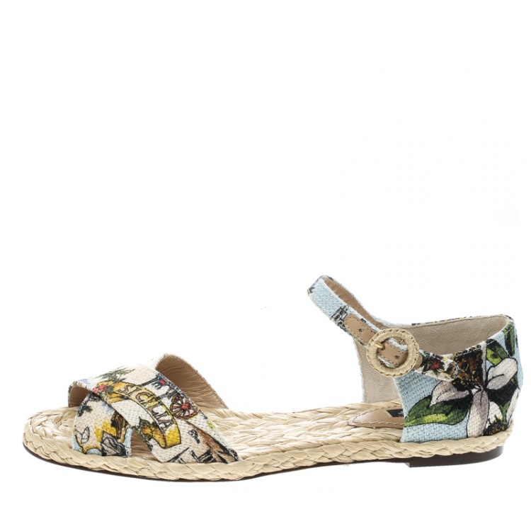 Pre Owned Dolce and Gabbana Multicolor Printed Canvas Espadrille Ankle Strap Sandals Size 38