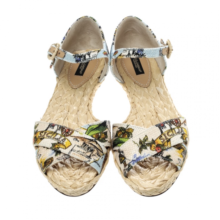 Pre Owned Dolce and Gabbana Multicolor Printed Canvas Espadrille Ankle Strap Sandals Size 38