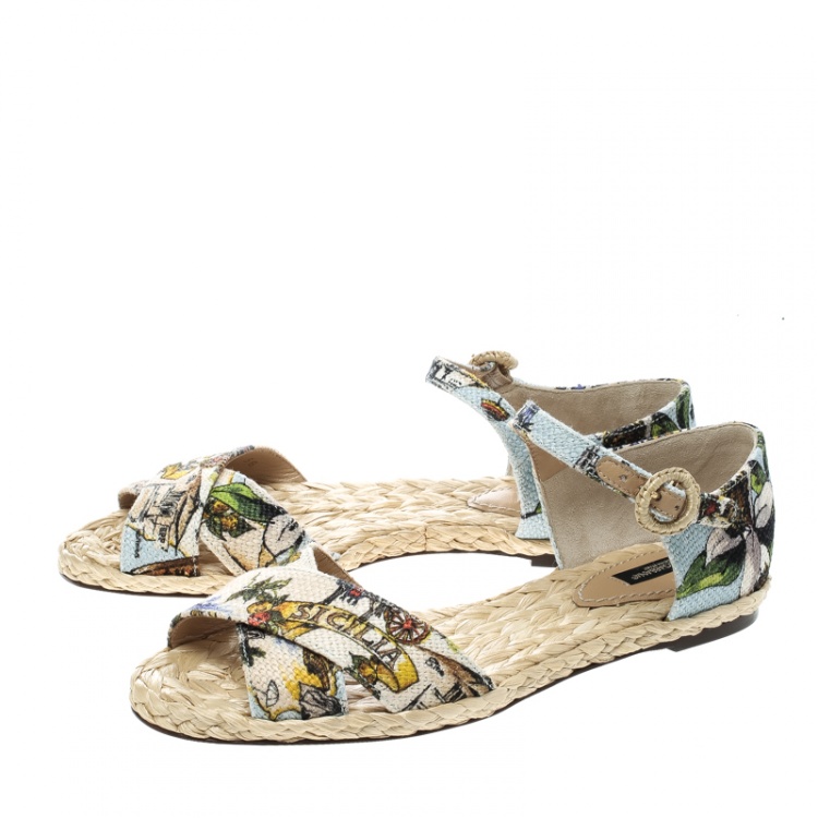 Pre Owned Dolce and Gabbana Multicolor Printed Canvas Espadrille Ankle Strap Sandals Size 38