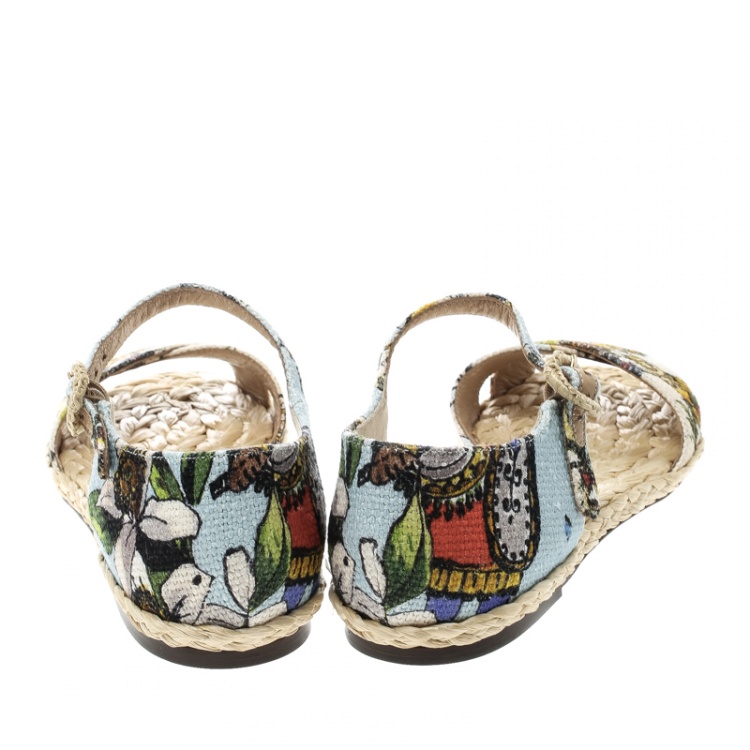 Pre Owned Dolce and Gabbana Multicolor Printed Canvas Espadrille Ankle Strap Sandals Size 38
