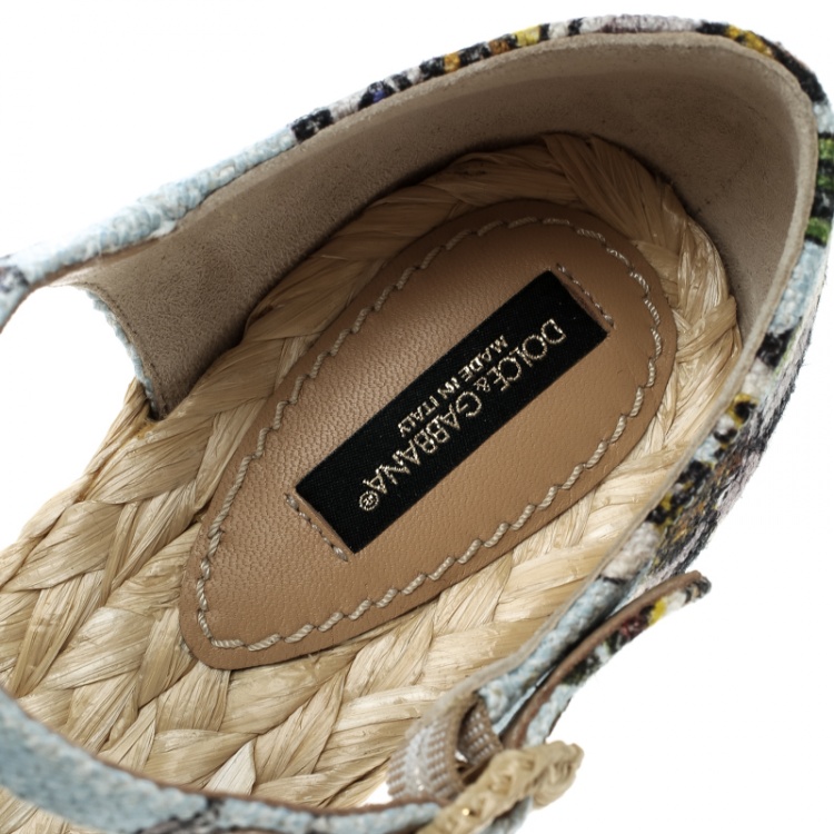 Pre Owned Dolce and Gabbana Multicolor Printed Canvas Espadrille Ankle Strap Sandals Size 38