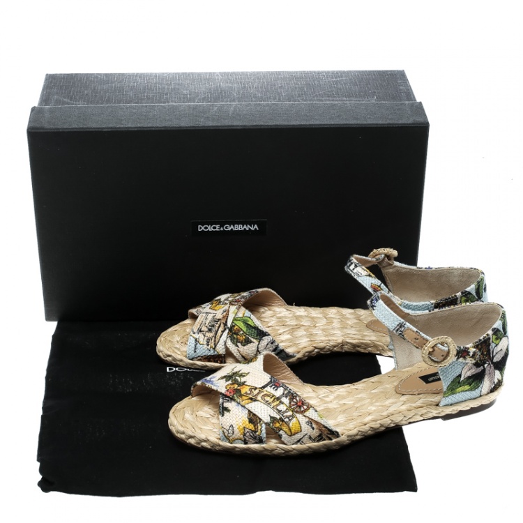 Pre Owned Dolce and Gabbana Multicolor Printed Canvas Espadrille Ankle Strap Sandals Size 38