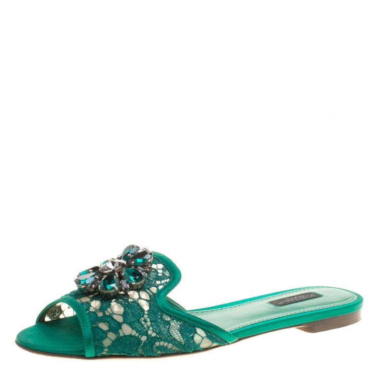 Pre Owned Dolce and Gabbana Green Lace Sofia Crystal Embellished Slides Size 38.5