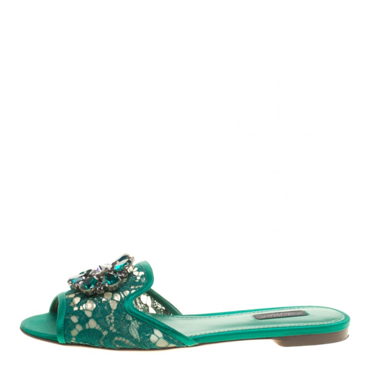 Pre Owned Dolce and Gabbana Green Lace Sofia Crystal Embellished Slides Size 38.5