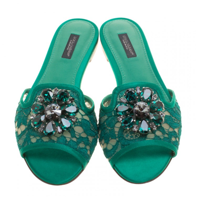Pre Owned Dolce and Gabbana Green Lace Sofia Crystal Embellished Slides Size 38.5