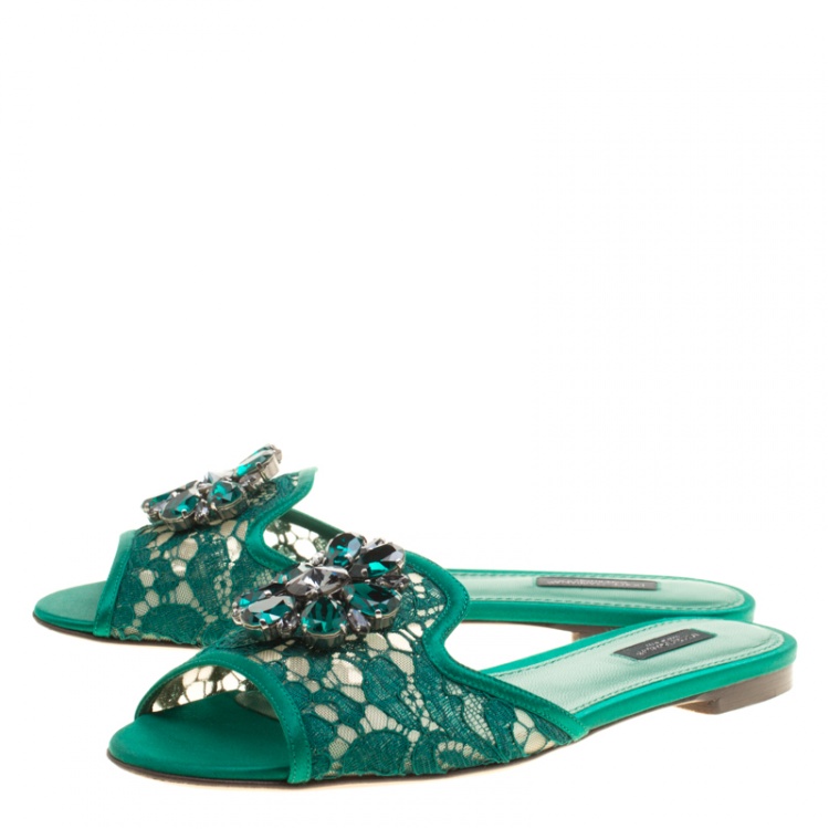 Pre Owned Dolce and Gabbana Green Lace Sofia Crystal Embellished Slides Size 38.5