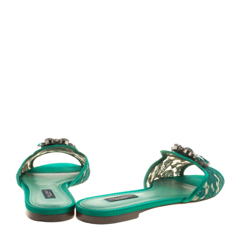 Pre Owned Dolce and Gabbana Green Lace Sofia Crystal Embellished Slides Size 38.5