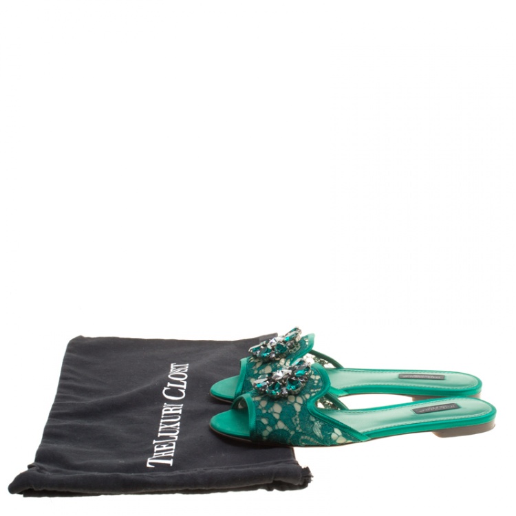 Pre Owned Dolce and Gabbana Green Lace Sofia Crystal Embellished Slides Size 38.5