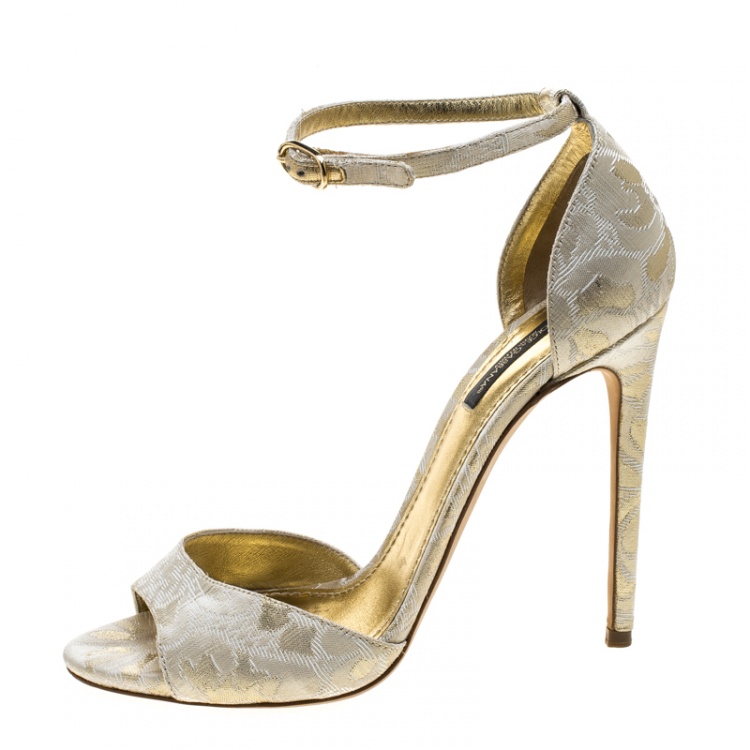 Pre Owned Dolce & Gabbana Gold Brocade Ankle Strap Sandals Size 38.5