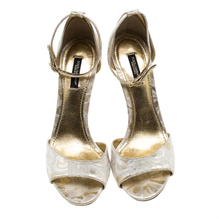 Pre Owned Dolce & Gabbana Gold Brocade Ankle Strap Sandals Size 38.5