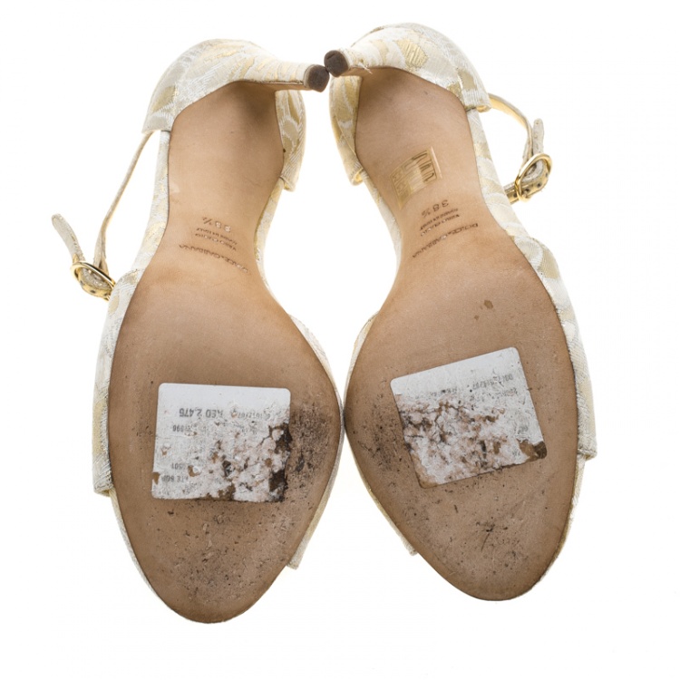 Pre Owned Dolce & Gabbana Gold Brocade Ankle Strap Sandals Size 38.5