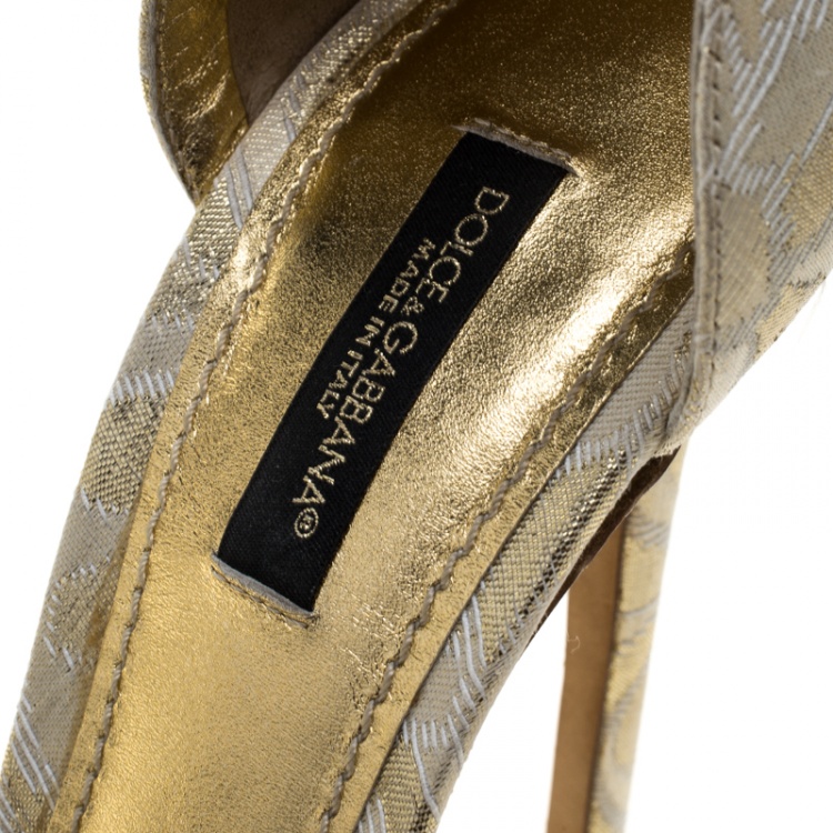Pre Owned Dolce & Gabbana Gold Brocade Ankle Strap Sandals Size 38.5