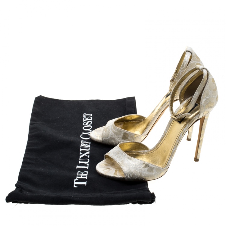Pre Owned Dolce & Gabbana Gold Brocade Ankle Strap Sandals Size 38.5