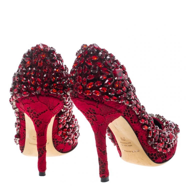 Pre Owned Dolce And Gabbana Red Lace Crystal Embellished Pointed Toe Pumps Size 36