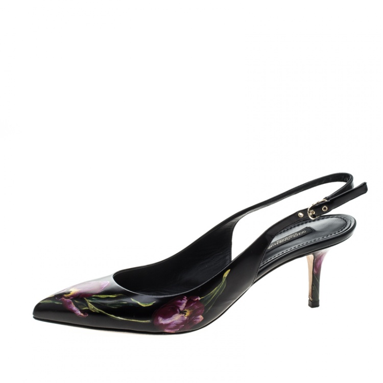 Pre Owned Dolce and Gabbana Black Tulip Printed Leather Slingback Pointed Toe Sandals Size 39