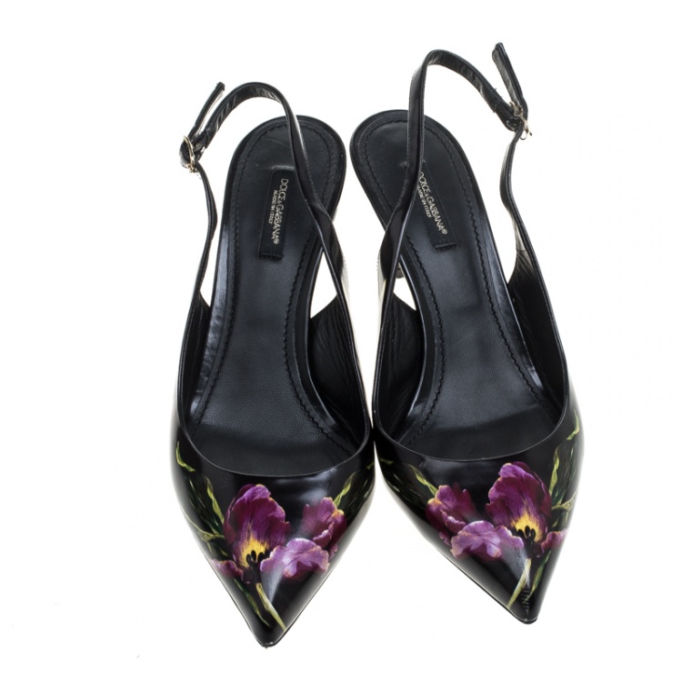 Pre Owned Dolce and Gabbana Black Tulip Printed Leather Slingback Pointed Toe Sandals Size 39