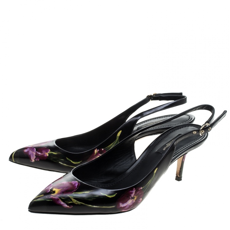 Pre Owned Dolce and Gabbana Black Tulip Printed Leather Slingback Pointed Toe Sandals Size 39