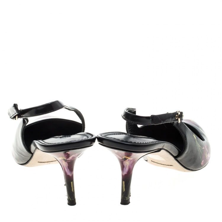 Pre Owned Dolce and Gabbana Black Tulip Printed Leather Slingback Pointed Toe Sandals Size 39