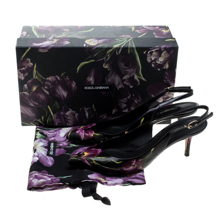 Pre Owned Dolce and Gabbana Black Tulip Printed Leather Slingback Pointed Toe Sandals Size 39