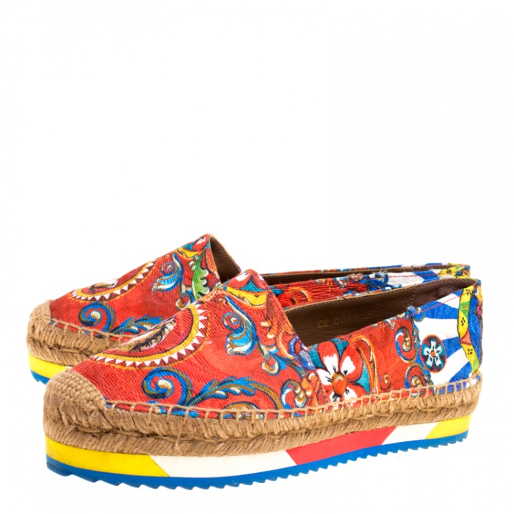 Pre Owned Dolce and Gabbana Multicolor Printed Canvas Platform Espadrilles Size 36