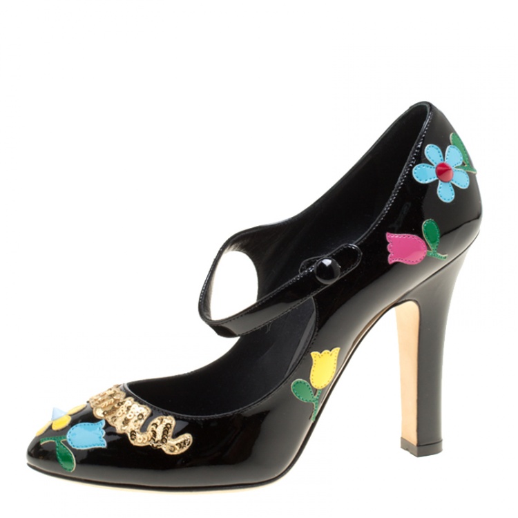 Pre Owned Dolce and Gabbana Black Patent Leather Flower and Sequin Embellished Mary Jane Pumps Size 38.5