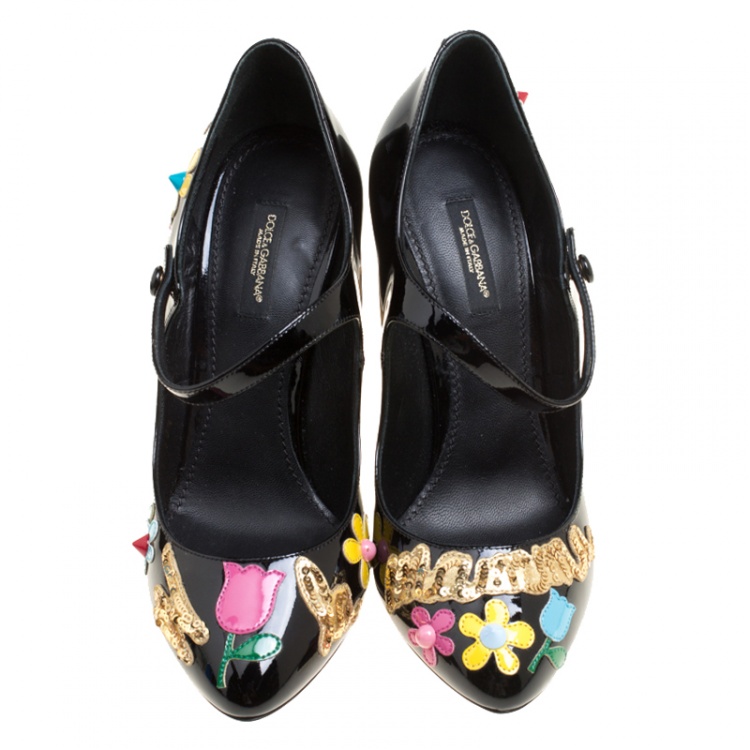 Pre Owned Dolce and Gabbana Black Patent Leather Flower and Sequin Embellished Mary Jane Pumps Size 38.5