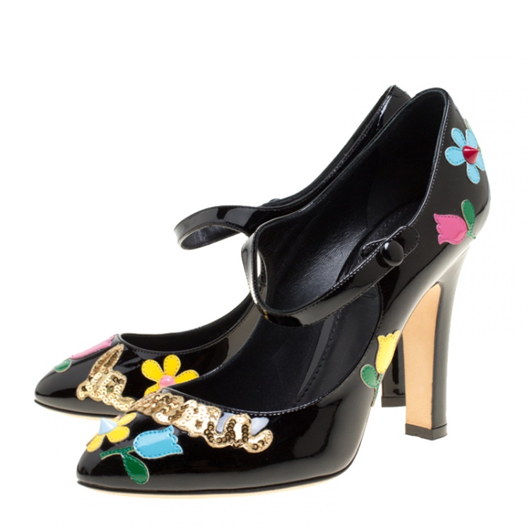 Pre Owned Dolce and Gabbana Black Patent Leather Flower and Sequin Embellished Mary Jane Pumps Size 38.5