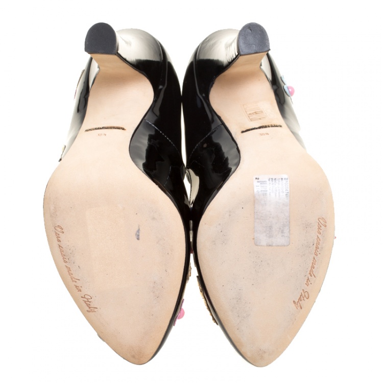 Pre Owned Dolce and Gabbana Black Patent Leather Flower and Sequin Embellished Mary Jane Pumps Size 38.5