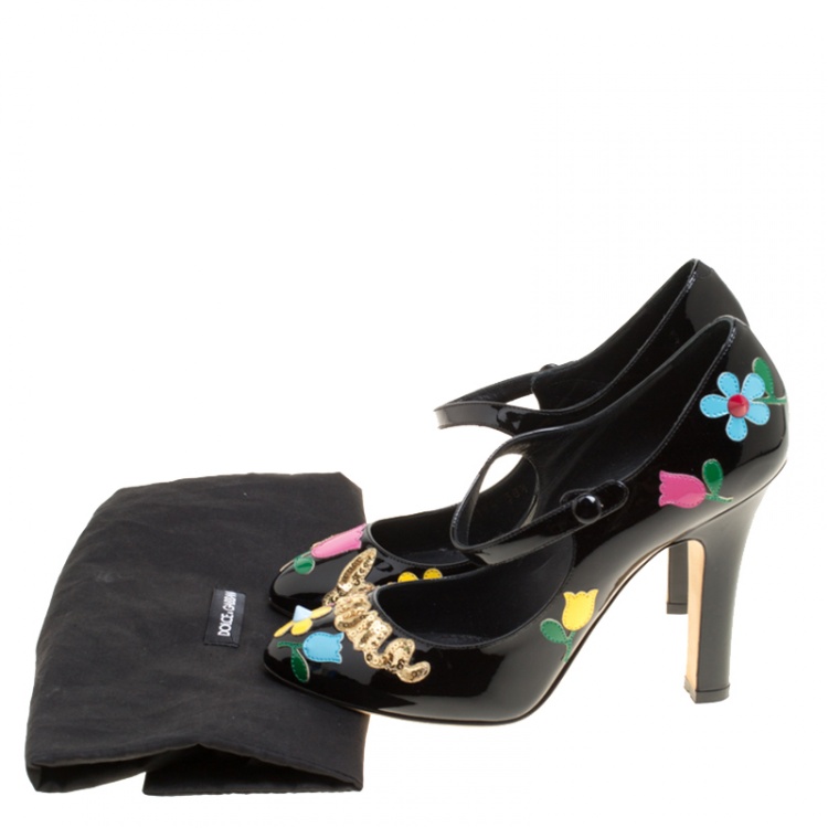 Pre Owned Dolce and Gabbana Black Patent Leather Flower and Sequin Embellished Mary Jane Pumps Size 38.5